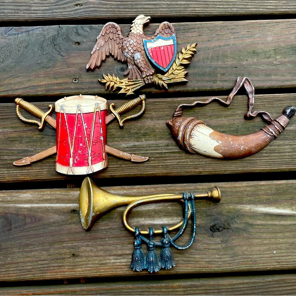 1960s 4-Vintage Sexton Cast Iron Instrument Wall Hanging Trumpet Drum Eagle Horn